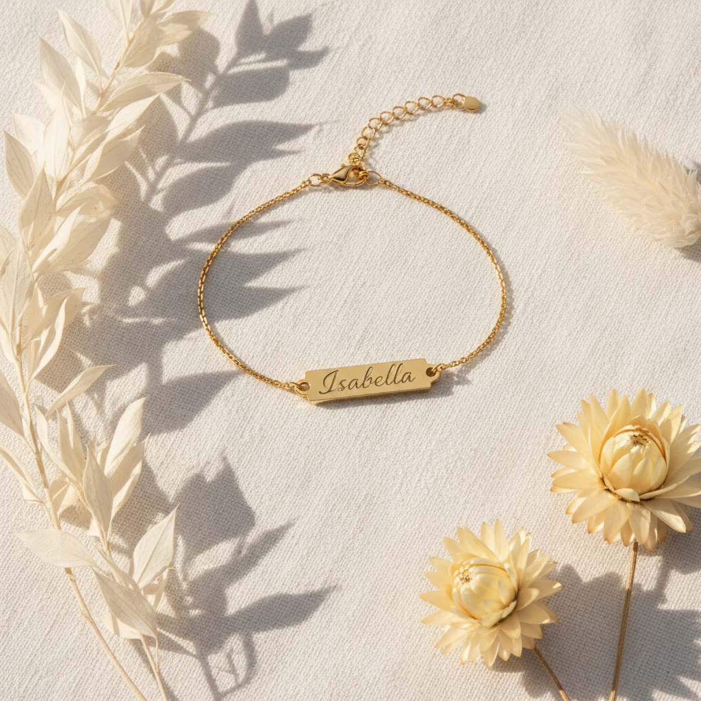 Personalised gold name bracelet on white linen background