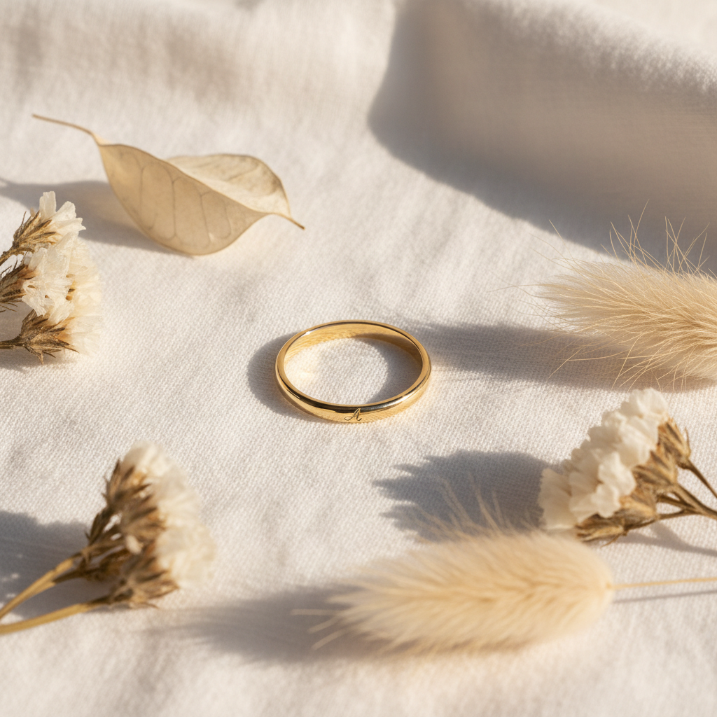 Personalised gold name ring on white linen background
